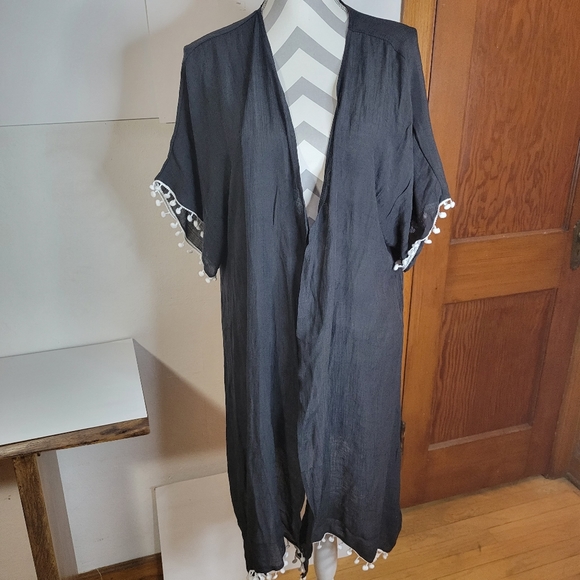 Ekouaer swimsuit cover up or robe one size black with white ball trim with tag - Picture 2 of 10